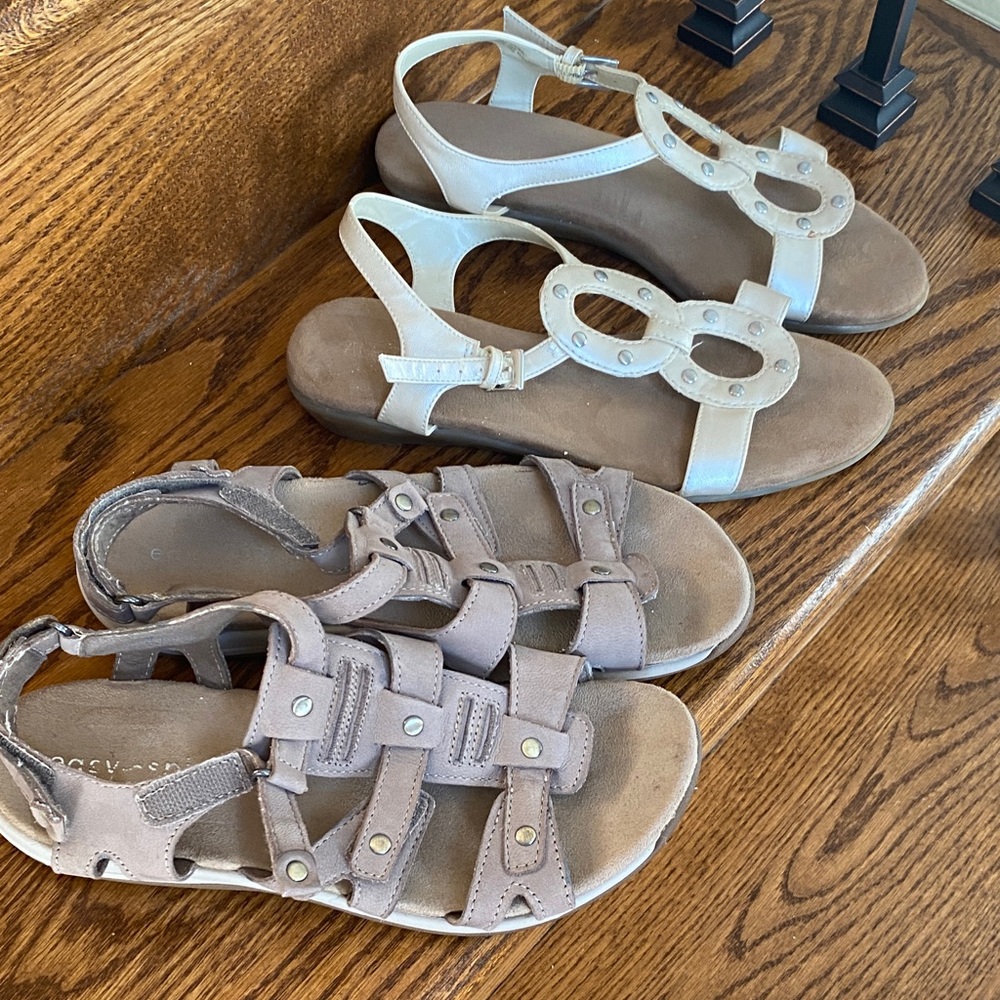 Easy Spirit Women's White and Taupe Flat Sandals - Two Pair